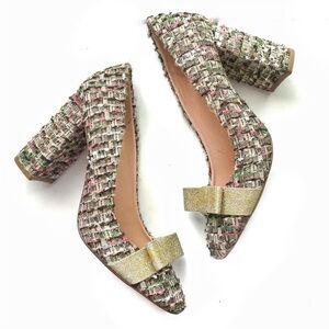 J.Crew Multicolor Tweed Heels with Gold Bow Womens Made in Italy Size 9.5